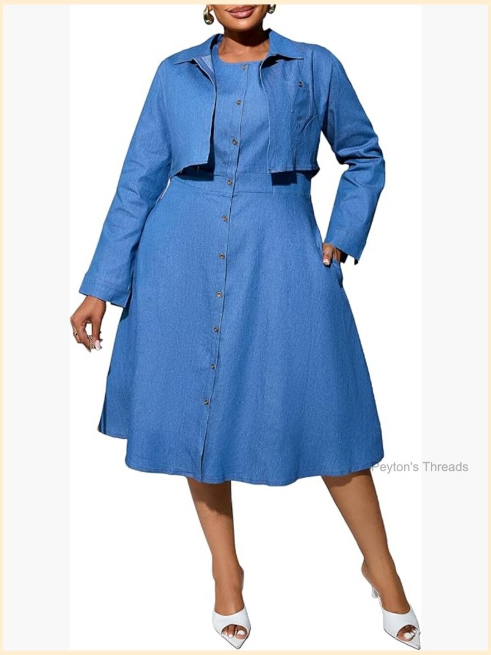 Plus Size Denim Two Piece Midi Dress Set with Jacket Button Down Long Sleeve